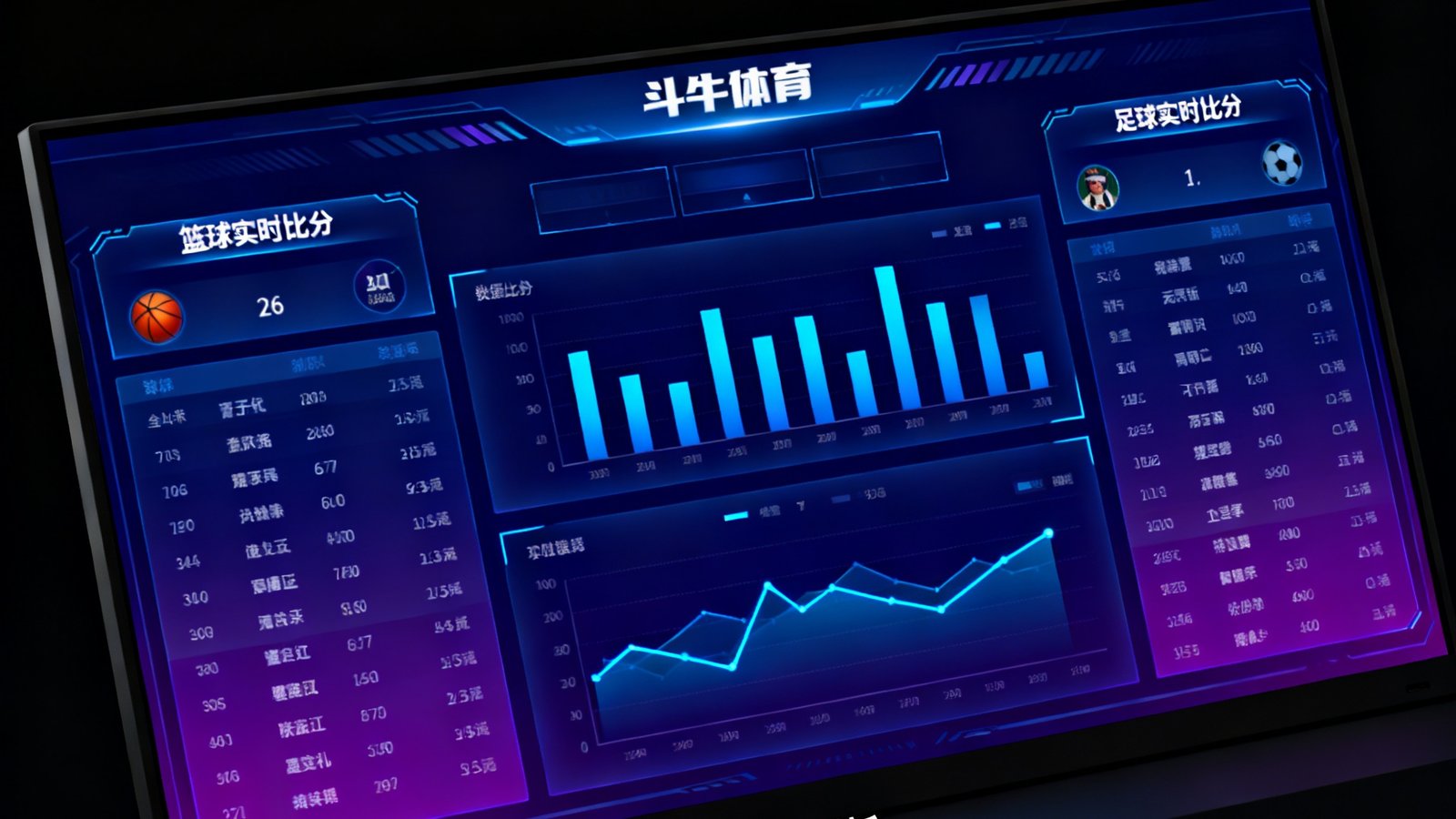 斗牛体育赛事大屏界面，展示篮球、足球实时比分和数据图表，背景为暗色科技风格